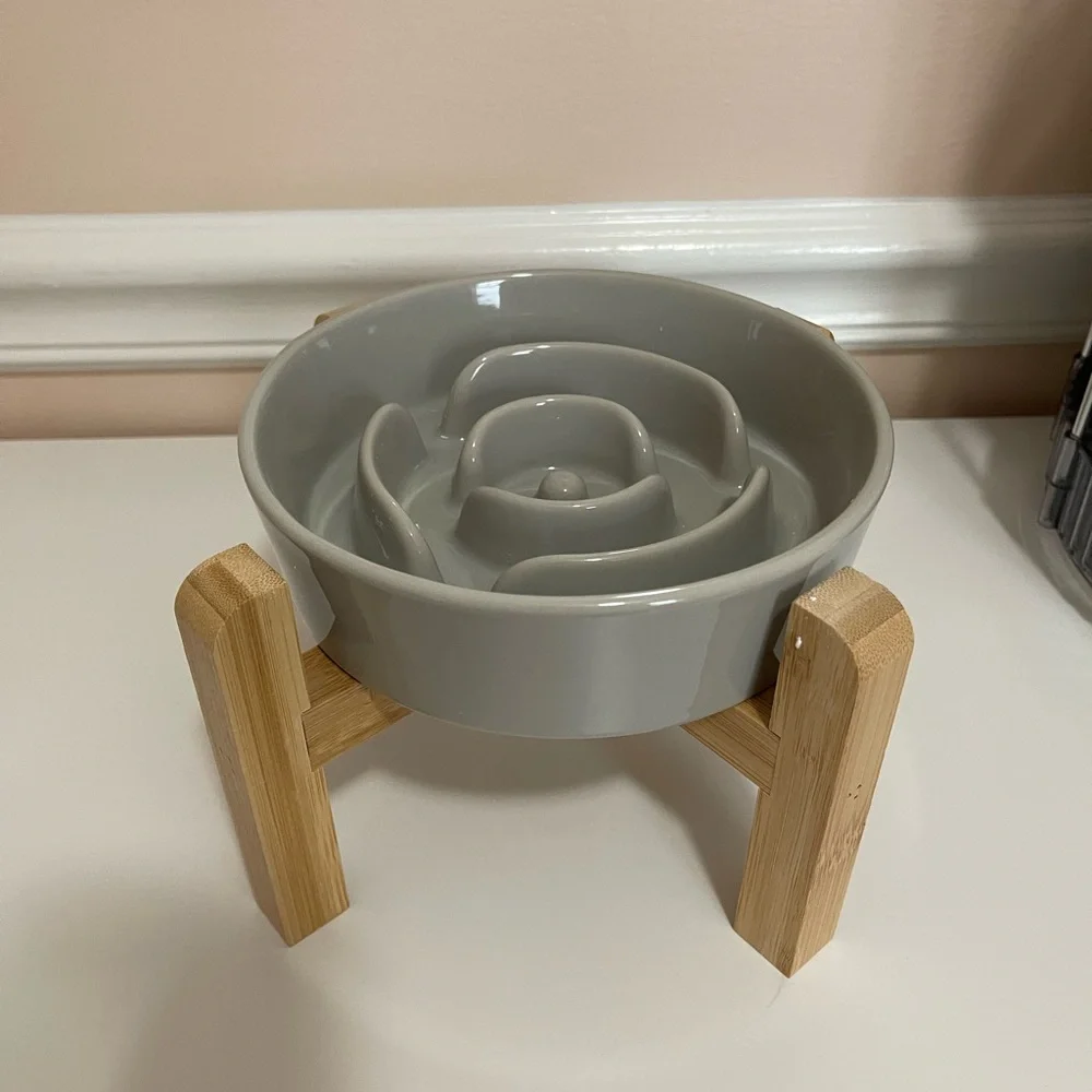 Gray Dog Bowl with Wooden Stand